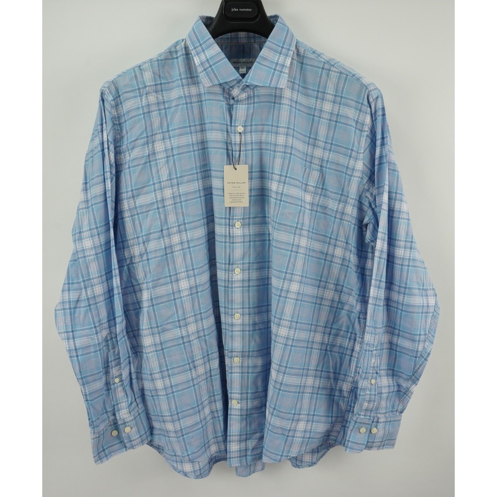 New Peter Millar Pawley Summer Blue Plaid Soft Cotton Button Up Shirt Men's 2XL
